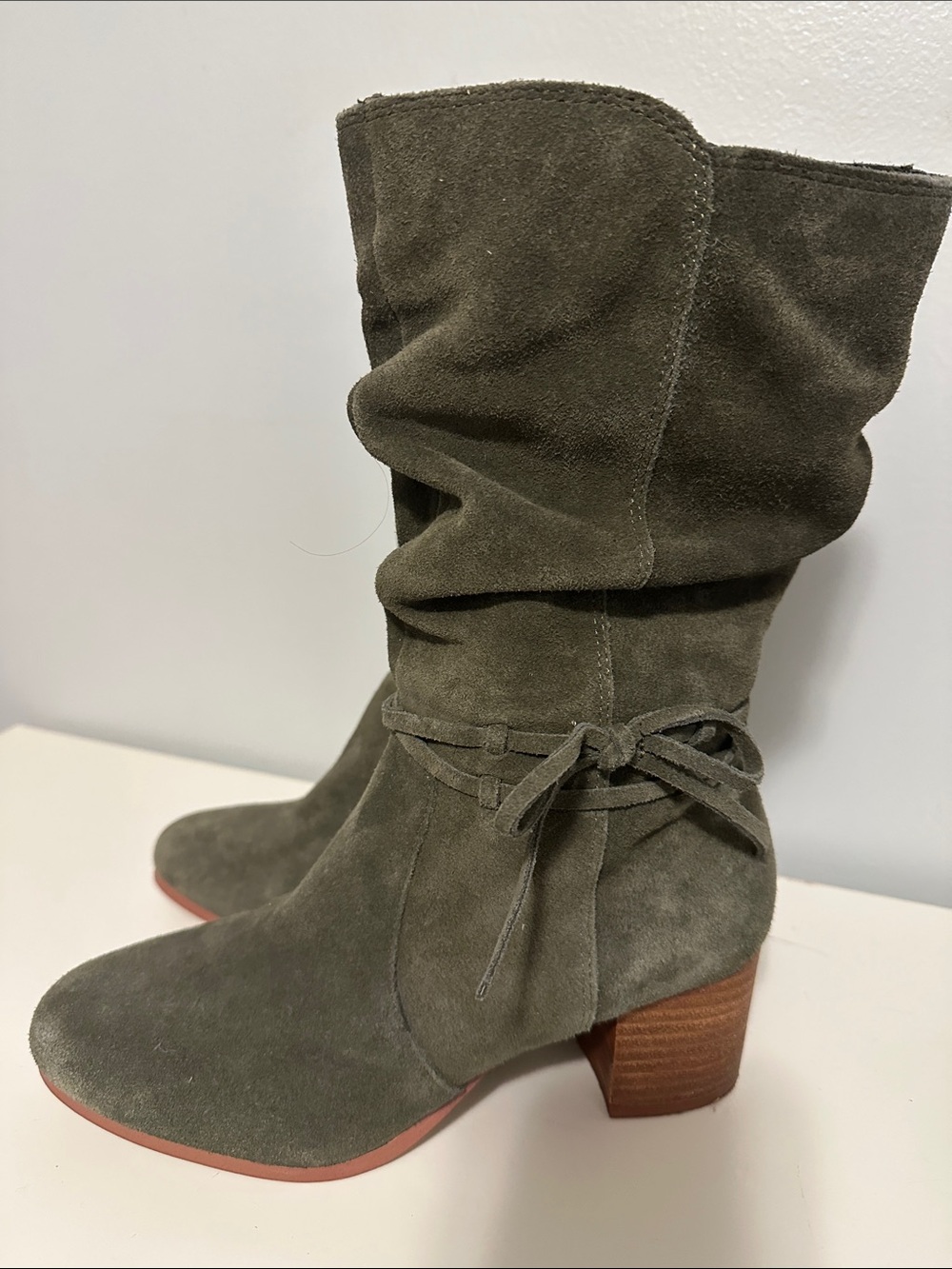 Violet & Red Suede Slouch Boot — Olive Green, Sz 8 - Picture 3 of 11